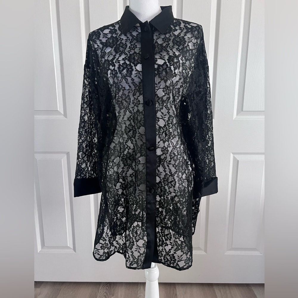 Victoria's Secret Gold Label Vintage Black Lace Long Sleeve Nightgown size P/S